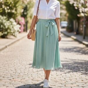 Alice Blue Midi Skirt Size S Pleated Belted Stretch Mint Polka Dot